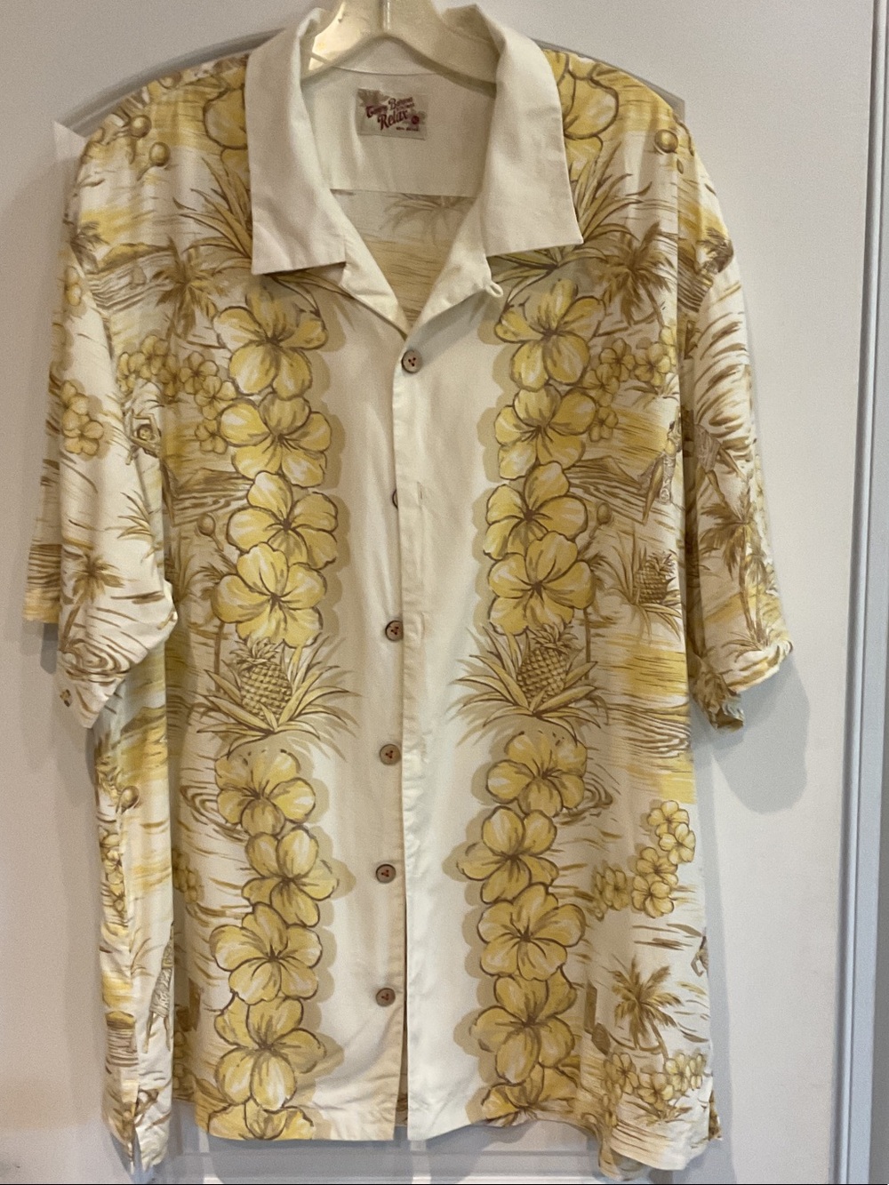 Tommy Bahama Relax Rayon Camp Shirt in Cream and Red Script